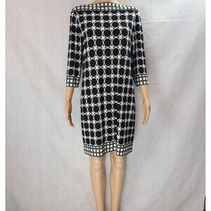 New TIANA B. (PM) Black & White Circle Print 3/4 Sleeve Above Knee Knit Dress